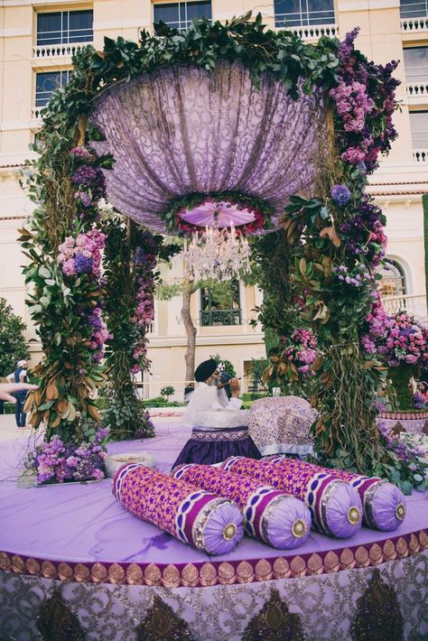 Photo of Purple and lavender mandap with chandelier Modern Indian Wedding, Wedding Setup, Mandap Decor, Desi Wedding Decor, Mehndi Decor, Beautiful Wedding Decorations, Wedding Mandap, Wedding Design Decoration, Indian Wedding Planning