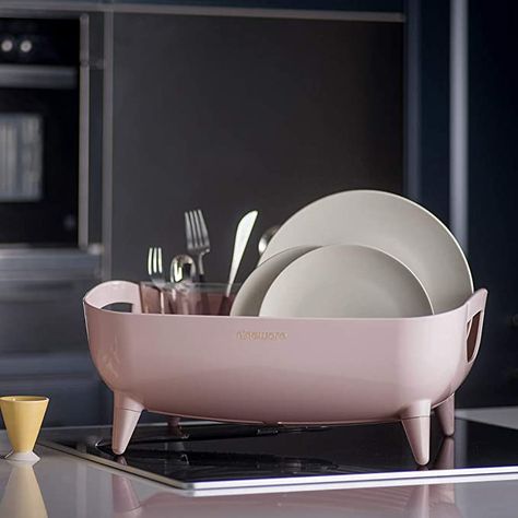 Amazon.com - Nineware Wide Volume Dish Drying Rack | 17.3 x 15 x 7.1 (44x38x18cm), 360° Rotatable Water Drain | Large Utensil Holder Included | Made in Korea (Pink) - Modern Chic Design, Pink Dishes, Water Drain, Dish Drying Rack, Dish Drainers, Hard Water Stains, Over The Sink, Spoon Holder, Dish Rack Drying