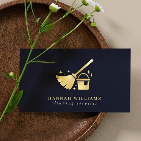 Navy & Gold House Cleaning Services  Business Card  Zazzle Business Card Ideas For Cleaning Service, Cleaning Services Business Cards, Cleaning Company Business Cards, Cleaning Cards Business Ideas, Cleaning Business Aesthetic, Clean Service Logo, Cleaning Logos Ideas, Cleaning Business Logo Ideas, Cleaning Logo Design Ideas