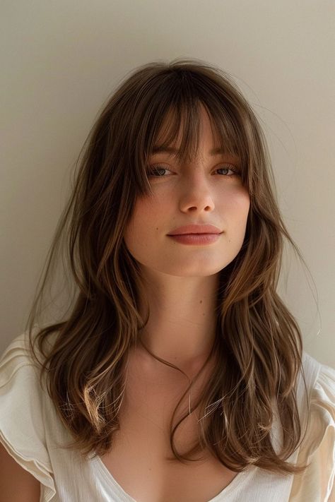 40+ Haircuts With Bangs That'll Make You Want To Call Your Stylist ASAP - Flo's Blog Layers Hair With Fringe, Wispy Bangs With Face Framing Layers Wavy Hair, Bangs Center Part, Bangs W Long Hair, Haircuts For Beach Wave Hair, Casual Bangs Hair, Brown Haircut With Bangs, Brown Fringe Hair, French Wispy Fringe