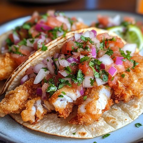 Fried fish tacos are a staple of coastal Mexican cuisine, offering a delightful combination of crispy fish, fresh salsa, and warm tortillas. This recipe highlights the simplicity of the salsa, which uses just red onion, tomato, and cilantro to enhance the flavors of the fish without overpowering them.  #mexicanfood #taco #tacotuesday Fish Tacos Photography, Cajun Fish Tacos, Fish Tacos Crispy, Mexican Bites, Mexican Fish Recipes, Mexican Fish Tacos, Crispy Fish Tacos, Fried Fish Tacos, Street Taco Recipe