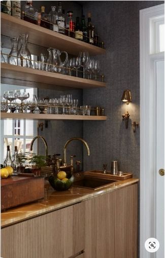 Built In Wet Bar, Wet Bar Designs, Bar Nook, Home Wet Bar, Home Bar Rooms, Modern Home Bar, Upholstered Walls, Home Bar Design, Bar Shelves