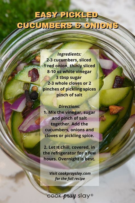 If you're a pickled cucumber fan like I am, and you're looking for ways to use your cucumbers and onions from the garden, this one is for you! Refreshing, crispy, tangy and OH SO DELICIOUS...I can literally eat this out the bowl by itself. But in most cases, I like to compliment a dish with a nice serving of my easy pickled cucumbers and red onions. I grew up eating pickled cucumbers on the side with dinner. It provides a tasty texture with a pop of tanginess! Quick Pickle Cucumber And Onion, Pickled Cucumbers And Onions Vinegar, Pickled Red Onions And Cucumbers, Quick Pickled Cucumbers And Onions, Easy Cucumber Pickle Recipes, Pickled English Cucumber Recipes, Persian Cucumber Pickles, Pickle Cucumber Recipes Vinegar, Pickled Onions And Cucumbers