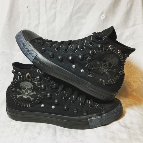 Rocker shoes from Chad Cherry Clothing. Distressed heavy metal, punk rock, horror shoes. Punk Converse, Emo Converse, Heavy Metal Clothes, Horror Shoes, Cherry Clothing, Rocker Clothes, Rocker Shoes, New Rock Shoes, Emo Shoes