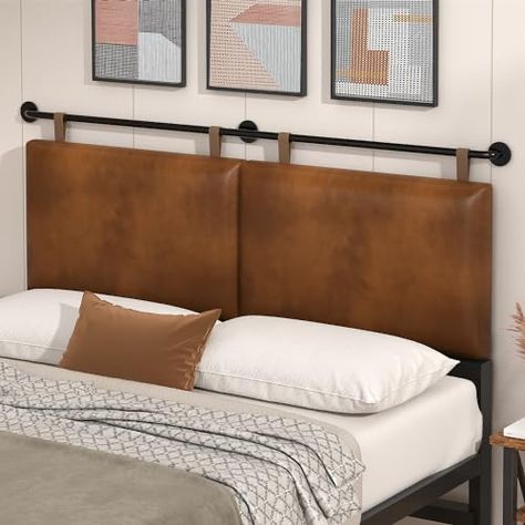 Mounted Headboard To Wall, Brown Leather Bed Bedroom Ideas, Hanging Pillow Headboard, King Headboard Ideas Master Bedrooms, Brown Fabric Headboard, Masculine Headboard, Headboard For Adjustable Bed, Headboard On Wall, Minimal Headboard