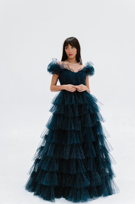 Ava Gowns, Midnight Blue Gown, Blue Tulle Skirt, It Follows, Other World, Fantasy Princess, Blue Tulle, Senior Prom, Gathered Skirt