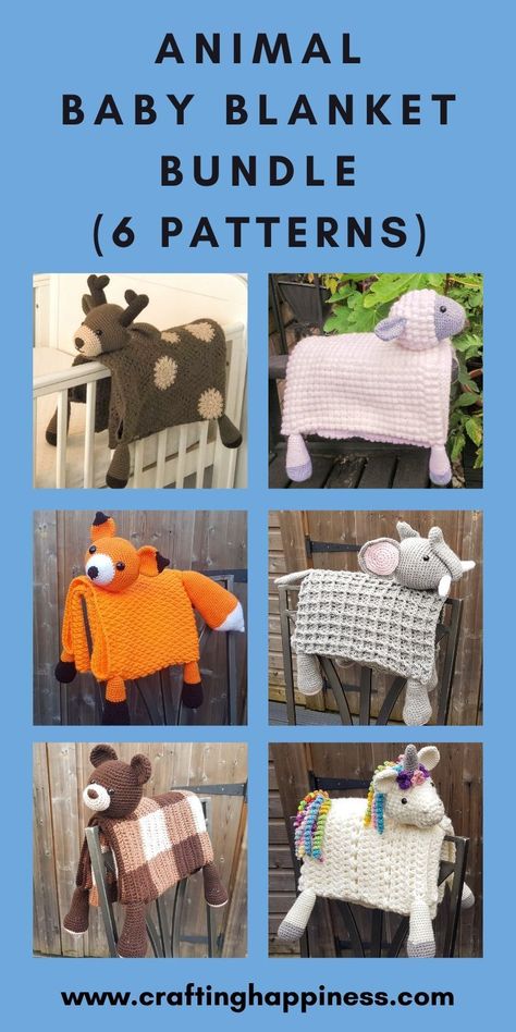 ANIMAL BABY BLANKETS A bundle of 6 crochet patterns for animal baby blankets that turn into a toy. Affordable crochet PDF pattern by Crafting Happiness. #crochetblankets #crochetafghans #crochetstitches #crochetpatterns #crochetanimals #crochetforchildren #crochetprojects #crochetbaby #babyblankets Crochet Crib Blanket Pattern Free, Cow Blanket Crochet Pattern Free, Animal Baby Blanket Crochet, Crochet Animal Blanket, Crochet Crib, Elephant Baby Blanket, Lovey Pattern, Animal Blanket, Haken Baby