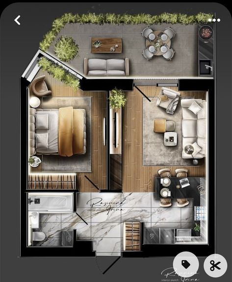 1b1b Apartment Design, Ideas For Bathrooms, Interior Architecture Sketch, Furniture Color Schemes, Studio Floor Plans, Rendered Floor Plan, Interior Design Renderings, Interior Architecture Drawing, Apartment Floor Plan