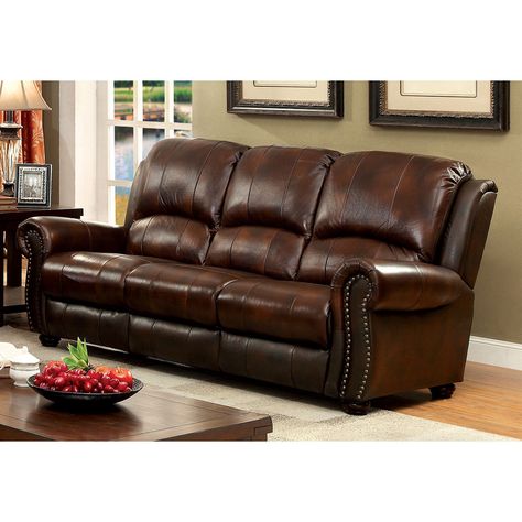 Dimensions: 80.12W x 38.62D x 39.37H in.; Seat height: 18.5 in.. Solid wooden frame. Brown top grain leather. Plush, tufted cushions. Nailhead trims along armrest panels. Assembly required. It's your turn to live luxuriously; the Furniture of America Nefander Sofa makes a top grain leather sofa affordable for everyone. There's nothing cheap about the construction, though. This genuine leather sofa in a rich brown features large nail head studs. The upholstery follows the solid wood frame tightly Nailhead Trim Sofa, Sofa Kulit, Nailhead Sofa, Transitional Sofa, Top Grain Leather Sofa, Set Sofa, Cozy Sofa, Leather Reclining Sofa, Traditional Sofa