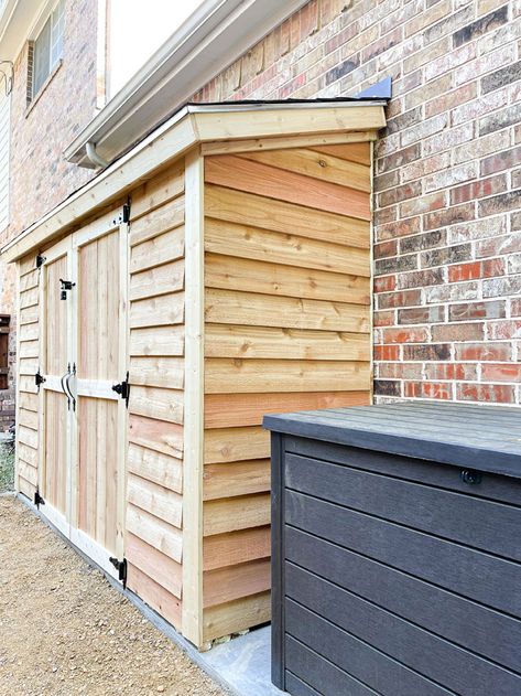 DIY Cedar Garden Shed - No Kit & Built in a Weekend! 2 Sheds In Backyard, Shed Small Backyard, Shed Connected To House, Side Yard Storage Shed, Workshop Shed Ideas, Outdoor Closet Ideas, Diy Lean To Shed Against House, Gardening Storage Ideas, Shed Against House