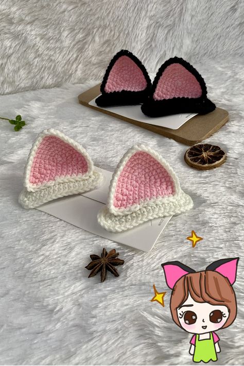 Crochet Cat Ear Hair Clip, Crochet Accessories Cute, Crochet Cat Ears Pattern, Crochet Cat Hair Clip, Cute Crochet Hair Clips, Amigurumi Cat Ears Free Pattern, Easy Crochet Hair Accessories, Cat Ear Crochet Pattern, Crochet Clips Free Pattern