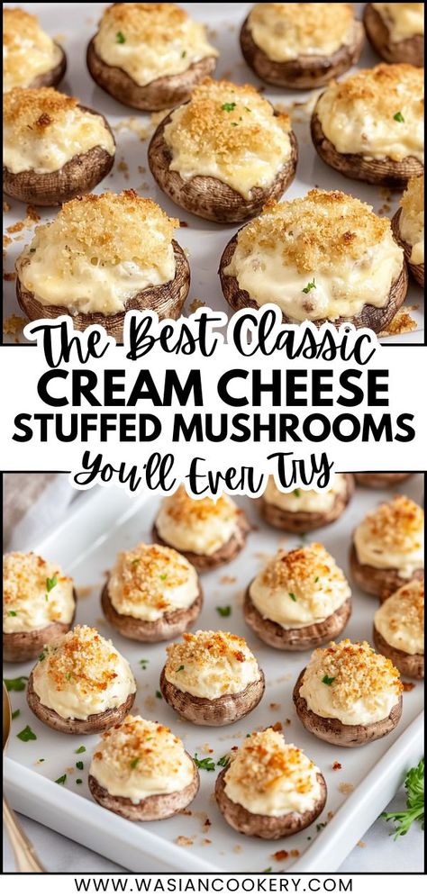 Festive cream cheese stuffed mushrooms, a savory holiday appetizer. Stuffed Mushrooms Cream Cheese, Stuffed Mushrooms With Cream Cheese, Cream Cheese Stuffed Mushrooms, Easy Stuffed Mushroom Recipe, Make Ahead Christmas Appetizers, Best Christmas Appetizers, Stuffed Mushrooms Easy, Cream Cheese Recipe, Cream Cheese Appetizer