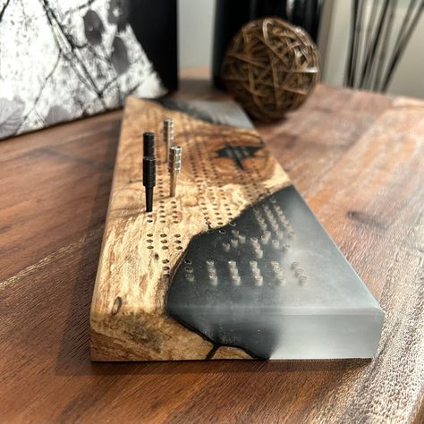 A very unique custom cribbage board made from west maple and blended with a semi-transparent smoky white epoxy that highlight the charred live edge details beneath. Really striking contrast and amazing looking crib board. Epoxy Cribbage Board, Live Edge Cribbage Board, Diy Cribbage Board, Unique Cribbage Board, Crib Board, Custom Cribbage Board, Cribbage Board, Epoxy Resin Crafts, Wood Creations