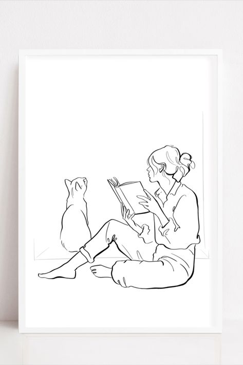 Printable A Black And White Outline Art A Reading Girl wit Her Cat, Minimal Poster, Digital Art, Book Lovers Drawings For Book Lovers, Reading Sketch Drawings, Reading Books Art Illustration, Two Female Lovers Art, Bookworm Drawing Art, Cats And Books Illustration, Girl Reading Book Illustration Art, Girl Reading Book Tattoo, Woman Reading Drawing