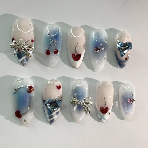 🍒💙 Winter Douyin Nails, Blue Cherry Nails, Nail Design 2024, Cny Nail Art, Estilo Harajuku, Asian Nails, Hippie Nails, Gothic Nails, Cherry Nails