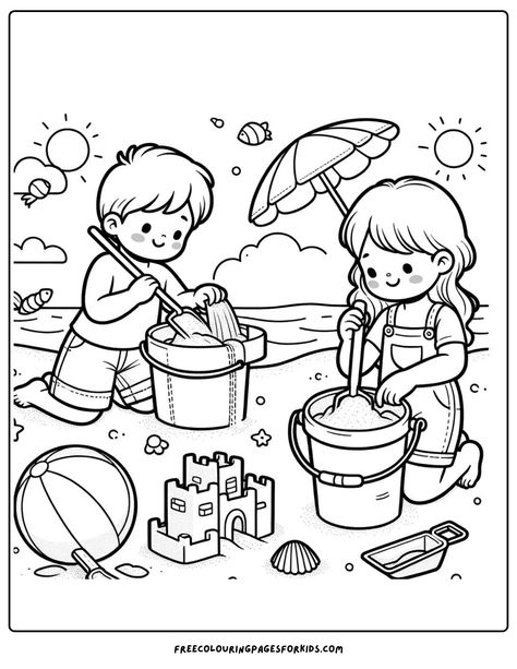 Spark a sandbox adventure with our playful coloring page, where kids are captured in the joyous act of scooping sand into buckets. This beachy scene is a sandbox for your child’s creativity, waiting to be filled with the vibrant colors of a fun day at the beach. Summer Drawing For Kids, Drawing Pages For Kids, Beach Coloring Pages For Kids, Summer Coloring Pages For Kids, Ivan Cruz, Colouring Pages For Kids, Sand Drawing, Beach Coloring Pages, Summer Coloring