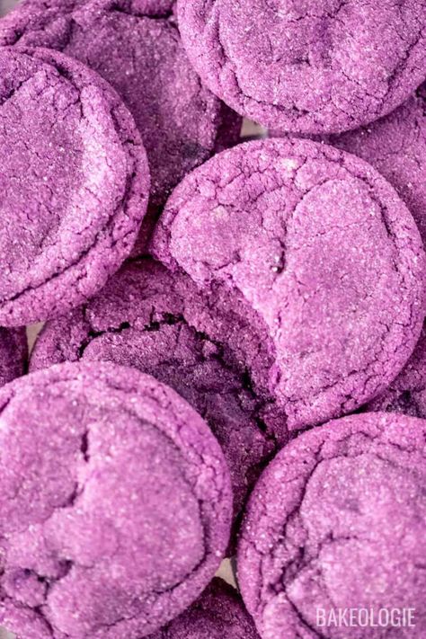 Soft & Chewy Ube Cookies | bakeologie Ube Sugar Cookie Recipe, Easy Ube Dessert, Vegan Ube Cookies, Recipes Using Ube Powder, Ube Jam Desserts, Ube Sugar Cookies, Ube Desserts Recipes Easy, Ube Cookies Recipes, Ube Butter Mochi Recipe