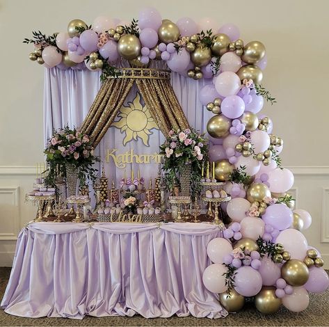 Purple Pink Gold Birthday Party Ideas, Purple And Yellow Quinceanera, Tangled Debut Theme Ideas, Rapunzel Candy Table, Tangles Theme Quince, Tangled Rapunzel Party Decor, Debut Tangled Theme, Quince Theme Ideas Purple, Rapenzul Quince Theme