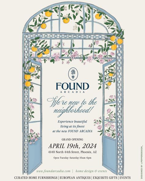 I was so honored to design the grand opening announcement for @foundarcadia’s new location. We have some exciting things in the works and I cannot wait for you all to see and experience what’s to come! Hope to see you all at their grand opening on Friday!🍋 Venue Advertising Design, To From Cards Design, Wedding Venue Advertising, Brand Opening Poster, Shop Opening Decoration Ideas, Wedding Graphics Design, Colourful Invitations, Inauguration Invitation, Event Branding Design