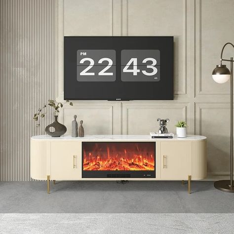 78.7" Modern Beige Electric Fireplace TV Stand Sintered Stone Top with Remote Control Tv Console With Fireplace, Fireplace Storage, Black Electric Fireplace, Modern Electric Fireplace, Electric Fireplace Tv, Living Room Cleaning, Functional Tv Stand, Apartment Needs, Fireplace Entertainment Center