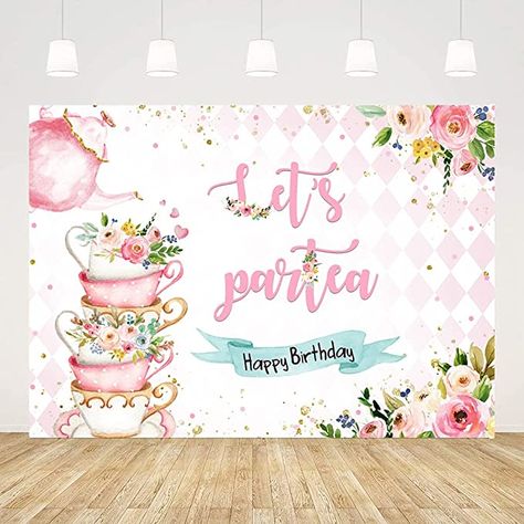 Lets Partea, Tea Party Pictures, Floral Tea Party, Sunflower Cake, Backdrop For Birthday Party, Pink Teapot, Diy Birthday Backdrop, Cake Table Birthday, Backdrop For Birthday