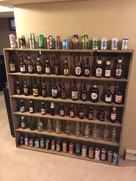 Beer shelf made from old fence board. Beer Shelf, Old Fence Boards, Fence Boards, Bottle Diy, Glass Bottle Diy, Bar Designs, Old Fences, Bottom Shelf, Bar Design