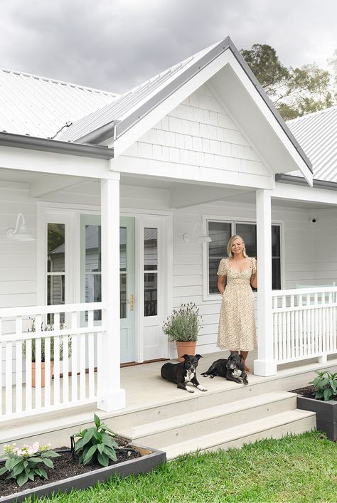 Queenslander Homes Exterior, Modern Queenslander, Weatherboard House, Front Verandah, Custom Front Doors, Farmhouse Renovation, Porch Doors, Cottage Exterior, Front Porch Decor