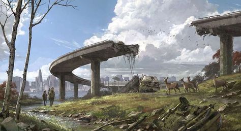 Broken Bridge The Last Of Us Landscape Concept Art, Apocalyptic Environment Concept Art, Apocalyptic City Concept Art, Overgrown City Concept Art, Apocalypse City, Art Apocalypse, Apocalypse Landscape, Concept Art Landscape, Post Apocalyptic City