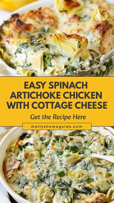 Indulge in the creamy goodness of spinach artichoke chicken made with cottage cheese. This recipe is a delightful twist on a classic favorite, combining tender chicken with a luscious blend of spinach, artichokes, and rich cottage cheese. The result is a flavorful and satisfying dish that is perfect for any occasion. Whether you're cooking for yourself or entertaining guests, this spinach artichoke chicken recipe will surely impress. Try it today and experience the delicious harmony of flavors i Paleo Spinach Artichoke Chicken, Spinach Artichoke Chicken With Cottage Cheese, Spinach Artichoke Cottage Cheese, Keto Spinach Artichoke Chicken Casserole, Spinach Artichoke Chicken Casserole – Keto And Low Carb, Chicken With Artichokes And Spinach, Chicken Spinach Cottage Cheese Recipes, Low Carb Artichoke Recipes, Chicken Spinach Artichoke Recipes