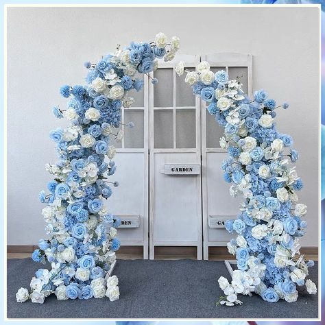 Looking for the perfect blue wedding backdrop? Check out these 10 stunning ideas to make your special day unforgettable. From elegant drapery to whimsical fairy lights, find the inspiration you need to create a dreamy atmosphere for your wedding. Say "I do" against a backdrop that reflects your style and love story. Rose Archway, Flower Runner Wedding, Archway Wedding, Flower Wedding Backdrop, Arch Shelf, Flower Archway, Party Event Decor, Iron Arch, Flower Runner