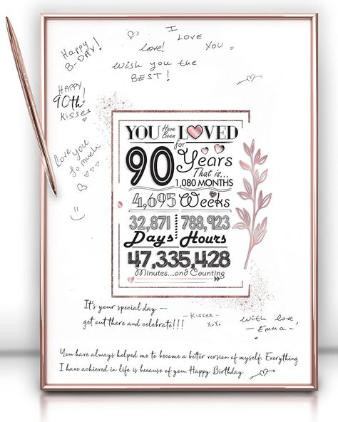 Amazon.com: Framed Rose Gold 90th Birthday Decorations Sign Poster for Girl - 90 Birthday Gift 12"x16" Guest Party Favors Book Alternative – With Pen & Wall Hanger – Great 90 Years Old Gifts for Womens : Office Products Guest Party Favors, 90 Birthday, 90th Birthday Decorations, 80th Birthday Decorations, 90th Birthday Parties, Rosé Birthday, 90th Birthday Gifts, 90's Birthday Party, Birthday Book