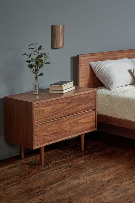 Simple Bed Side Tables, Small Table Bedroom, Bedside Table Mid Century, Walnut Bedside Table Night Stands, Mid Century Bed Side Table, Wooden Side Tables Bedroom Modern, Wooden Bed Side Table Design, Mid Century Bedside Table, Bed Side Tables Ideas