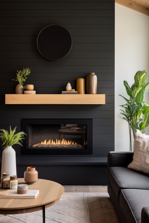 Tv Unit Table, Black Shiplap Fireplace, Shiplap Fireplace Ideas, Black Fireplace Wall, Black Shiplap, Fireplace Accent Walls, Mantle Decorating, House Fireplace, Built In Around Fireplace