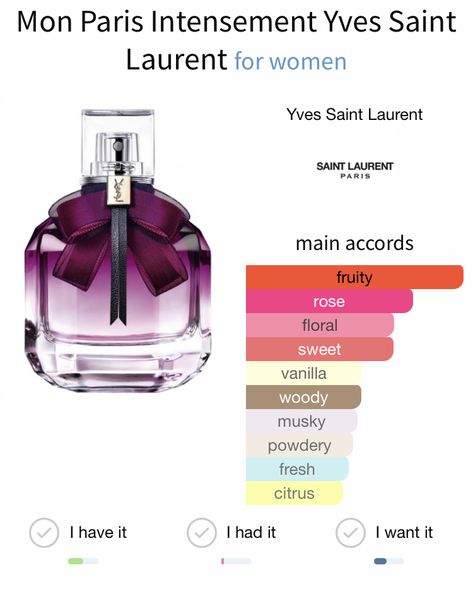 Mon Paris Intensement, Perfume Oil Recipes, Ysl Mon Paris, Fragrances Perfume Woman, Perfume Collection Fragrance, The Perfume, Perfume Scents, Perfume Lover, Woody Fragrance