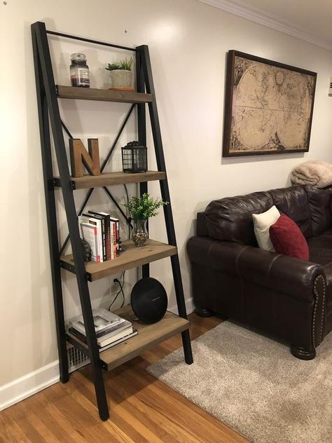 Industrial Ladder Shelf FREE SHIPPING Farmhouse | Etsy Industrial Ladder Shelf, Shelf Ladder Decor, Rustic Library, Wooden Ladder Decor, Ladder Shelf Decor, Home Library Ideas, Home Library Design Ideas, Shelf Decor Living Room, Home Library Design