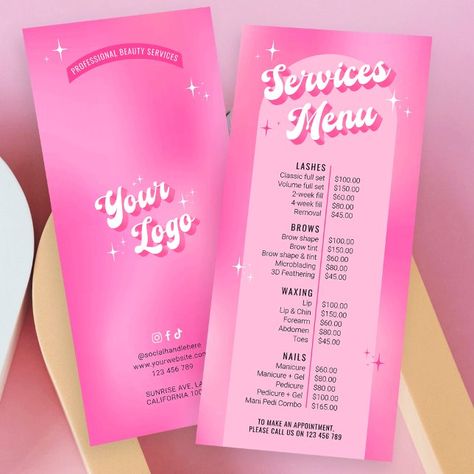 Esthetics Service List, Pricelist Aesthetic Design, Nail Service Menu Ideas, Pink Menu Design, Nail Flyer Ideas, Nail Tech Price List, Price List Nails, Nails Price List, Nail Business Cards