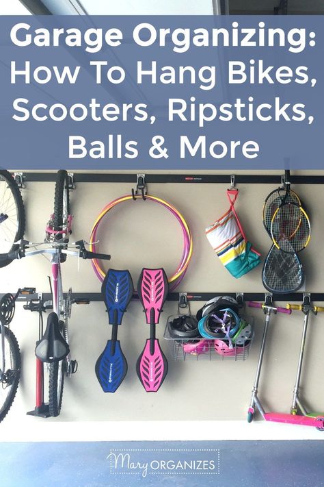 Garage Organizing - How to hang bikes scooters ripsticks balls and more -v #decluttergarage Kids Bike Storage Garage, Garage Organization Bikes, Kids Bike Storage, Garage Organization Shelves, Casa Garage, Scooter Storage, Garage Organizing, Garage Organization Systems, Bike Storage Garage