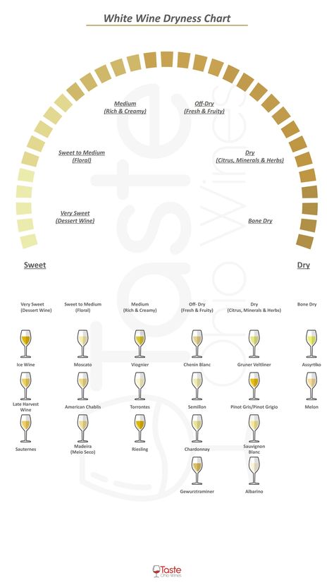 The 16 Driest White Wines - White Wines by Dryness to Sweetness Chart - Taste Ohio Wines White Wine Guide, White Wine Chart, White Wine Intensity Chart, Wine Tasting Chart, Wine Taste Chart, White Wines Guide, White Wine Types, Winehouse Amy, Wine Cheat Sheet