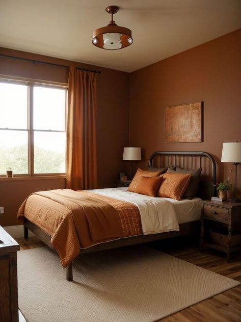 Rustic Orange Wall Paint, Burnt Orange Curtains Bedroom, Rust Bedroom Walls, Burnt Orange Wall Paint, Burnt Sienna Bedroom, Burnt Orange Room Aesthetic, Burnt Orange Bedroom Walls, Bedroom Orange Accents, Terracotta Accent Wall Bedroom