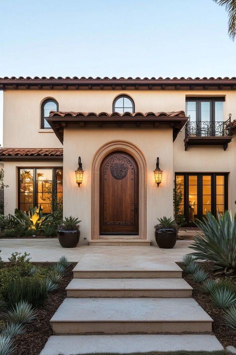 Modern Italian mediterranean house modern facade with large ornate wooden front door. Check out all of these stunning Italian Mediterranean houses that encapsulate elegant arches, textured stucco, charming terra cotta details, and so much more. Spanish Style Home Entrance, Spanish House Design Exterior, Italian Door Design, Italian Mediterranean Aesthetic, Medatrainian House, Modern Mediterranean Facade, Mediteranean Houses Exterior Modern, Modern Tuscan Home Exterior, Italian House Design