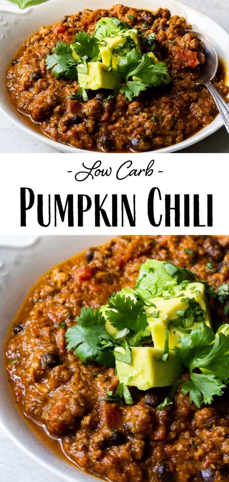 Pumpkin Chili - this low carb, gluten free Pumpkin Chili recipe is hearty and delicious! It's the ultimate mash up of two of fall's most comforting foods! This chili has a unique, seasonal taste and is the perfect way to warm up on a chilly autumn day. | #dlbrecipes #pumpkinchili #chili #pumpkinrecipes #lowcarb Puree Recipes, Pumpkin Chili Recipe, Recipe Low Carb, Low Carb Low Fat Recipes, Pumpkin Chili, Chili Recipe Crockpot, Pumpkin Recipe, Boiled Egg Diet Plan, Chilli Recipes