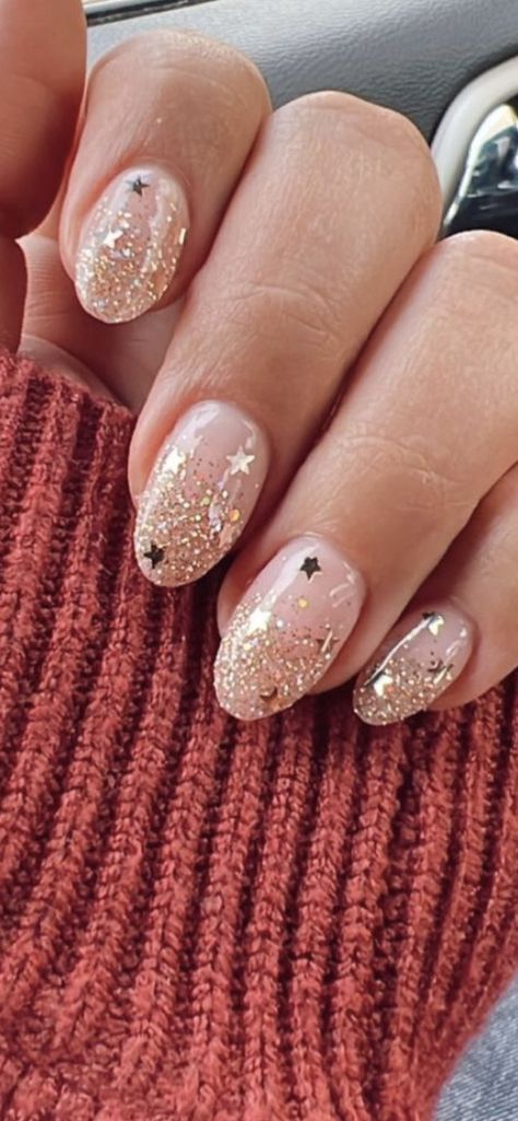 New Year Nails 2023 Almond, Neutral With Glitter Nails, Short Oval Nail Designs Winter, Clean Holiday Nails, Neutral Christmas Nails Dip, New Years Wedding Nails, New Years Nails Round, Formal Holiday Nails, Celestial Wedding Nails