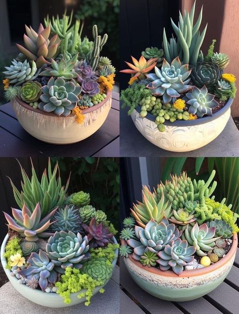 Patio Succulent Ideas, Succulent Garden Design Indoor, Succulent Pot Ideas, Succulents In Pots, Succulent Garden Outdoor, Potted Plants Patio, Kaktus Dan Sukulen, Succulent Garden Landscape, Succulent Bowls