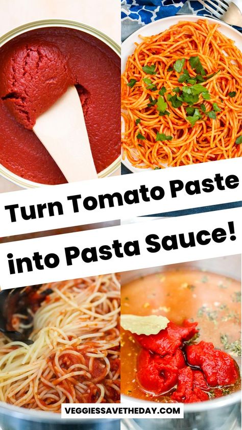 Collage of images: Wooden spoon in can of tomato paste; Spaghetti with red sauce and fresh parsley; Tossing spaghetti with sauce; Sauce ingredients in a pot; with text overlay Turn Tomato Paste into Pasta Sauce! Tomato Paste Pasta Sauce, Pasta With Tomato Paste, Spagetti Sauce Recipe, Making Pasta Sauce, Canned Tomato Paste, Tomato Paste Sauce, How To Make Tomato Sauce, Quick Pasta Sauce, Tomato Paste Recipe