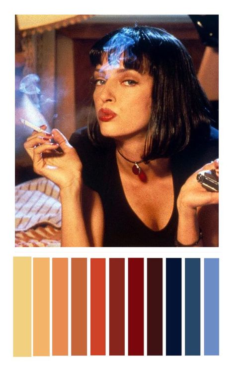 Pulp Fiction: color palette Tarantino Color Palette, Movie Scene Color Palette, 90s Aesthetic Color Palette, 90s Colour Palette, Movies Color Palette, 90s Palette, Movie Colour Palette, Cinema Color Palette, Pulp Fiction Aesthetic