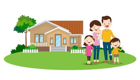 Family house family in the background of... | Premium Vector #Freepik #vector #family-portrait #mom-dad #family #family-kids Family Picture Background, Family Cartoon Pictures, Family Picture Cartoon, Mother Clipart, Picture Cartoon, Family Vector, House Cartoon, House Clipart, House Family