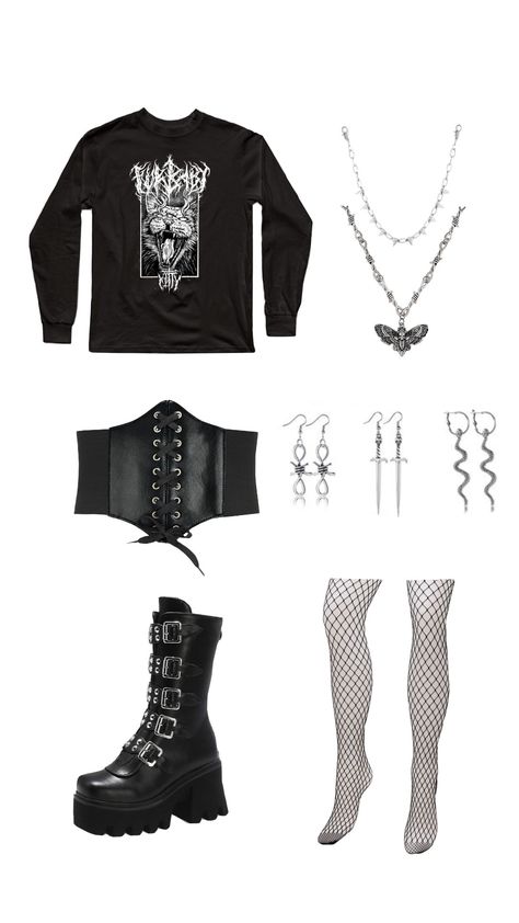 Metal concert outfit idea #outfit #outfitinspo #concertoutfit #metal #metalhead Metalhead Clothes, Metal Concert Outfit Ideas, Metalhead Outfits, Metal Concert Outfit, Warped Tour Outfit, Metal Concert, Tour Outfits, Goth Style, Warped Tour