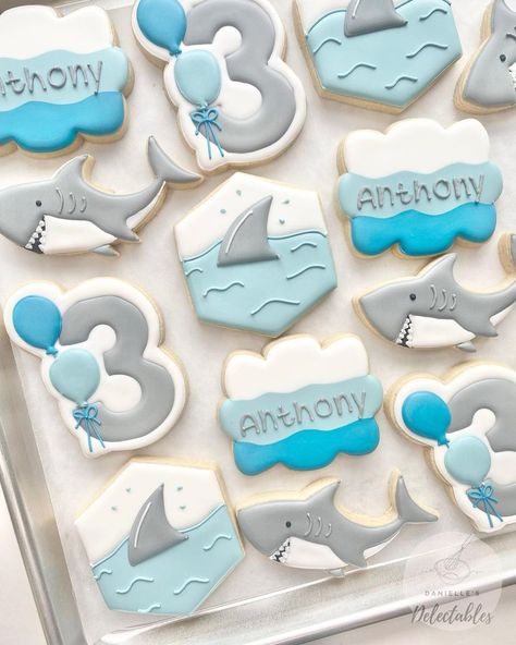 3rd Birthday Cookies, Baby Shower For A Boy, Summer Sugar Cookies, 3rd Birthday Boys, Peanut Baby Shower, Shark Cookies, Elephant Cookies, Shark Themed Birthday Party, Bunny Cookies