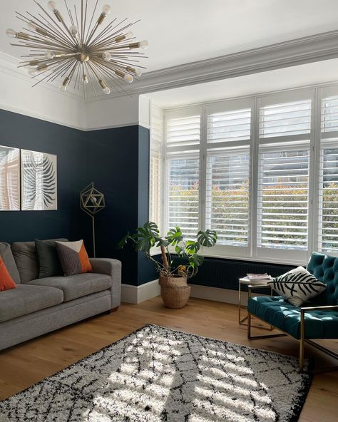 A calming space after a hectic Monday, we embraced the darker mornings and cosy evenings in here by adding the rich dark tones of @farrowandball Hague Blue to the walls that look great when the afternoon sun hits getting the best of both worlds. I have another dark living room project in the making at one of our projects and I can’t wait to see how that turns out as I do love a darker room. If you’re looking for help with how to balance paint colours in your home drop me a message as I’m ha... Navy Blue Lounge, Living Room Dark Blue Walls, Dark Blue Lounge Ideas, Navy Blue Snug Room, Dark Snug Room Ideas, Living Room Dark Blue, Farrow Ball Hague Blue Living Room, Hague Blue Living Room, Dark Blue Snug