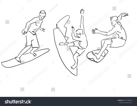 Set of surfers. Male surfer on surfboard in different poses. Hand drawn silhouette. Black lines drawing. Abstract contour. Vector collection. Active recreation. #Ad , #sponsored, #Hand#poses#silhouette#drawn Surfboard Pose Reference, Surfer Pose Reference, Surfing Drawing Reference, Surfing Pose Reference, Surfing Reference, Surfing Pose, Surf Board Drawing, Surfer Drawing, Surfing Drawing